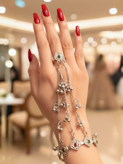 VIVAZS Silver-Plated Kundan Ring Bracelet With Hathphool