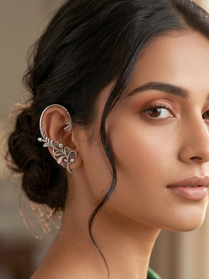 Oxidised Silver-Plated Leaf Design Ear Cuff Earrings
