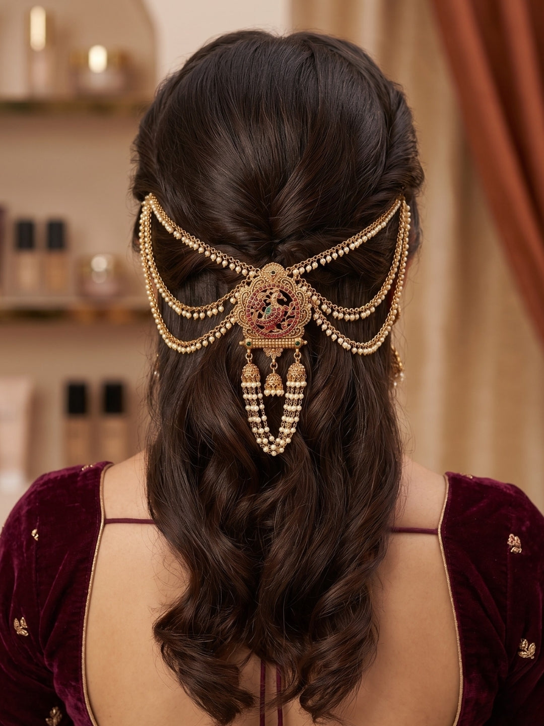Gold Plated Pearl Kundan Traditional Temple Bridal Hair Accessory