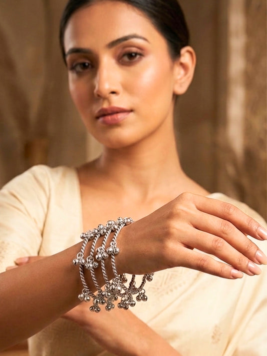 Oxidised Silver-Plated Kashmiri Ghungroo Bangle Set