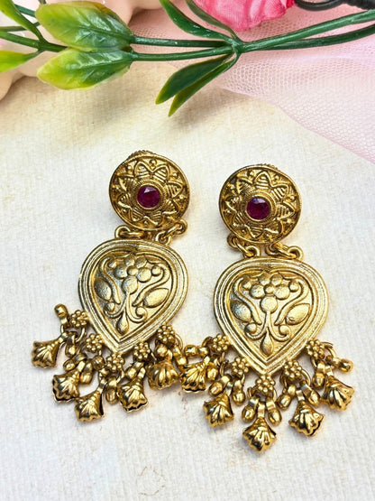 Gold-Plated Red Kundan Stone Floral Drop Statement Earrings