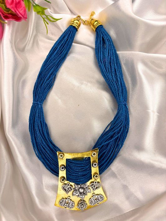 Gold-Plated Oxidised Statement Blue Thread Jute Necklace