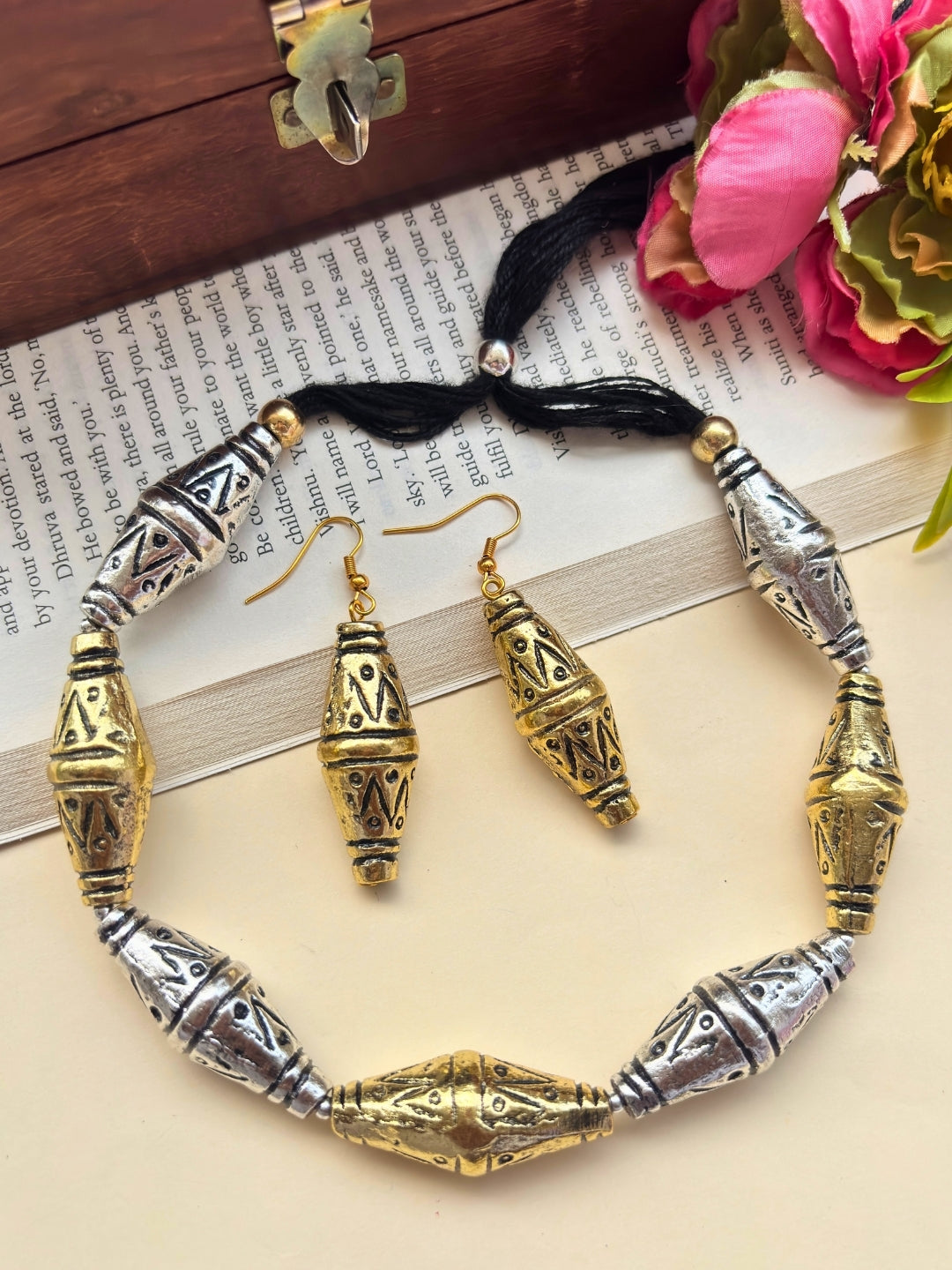 VIVAZS Oxidised Silver Statement Choker Jewellery Set