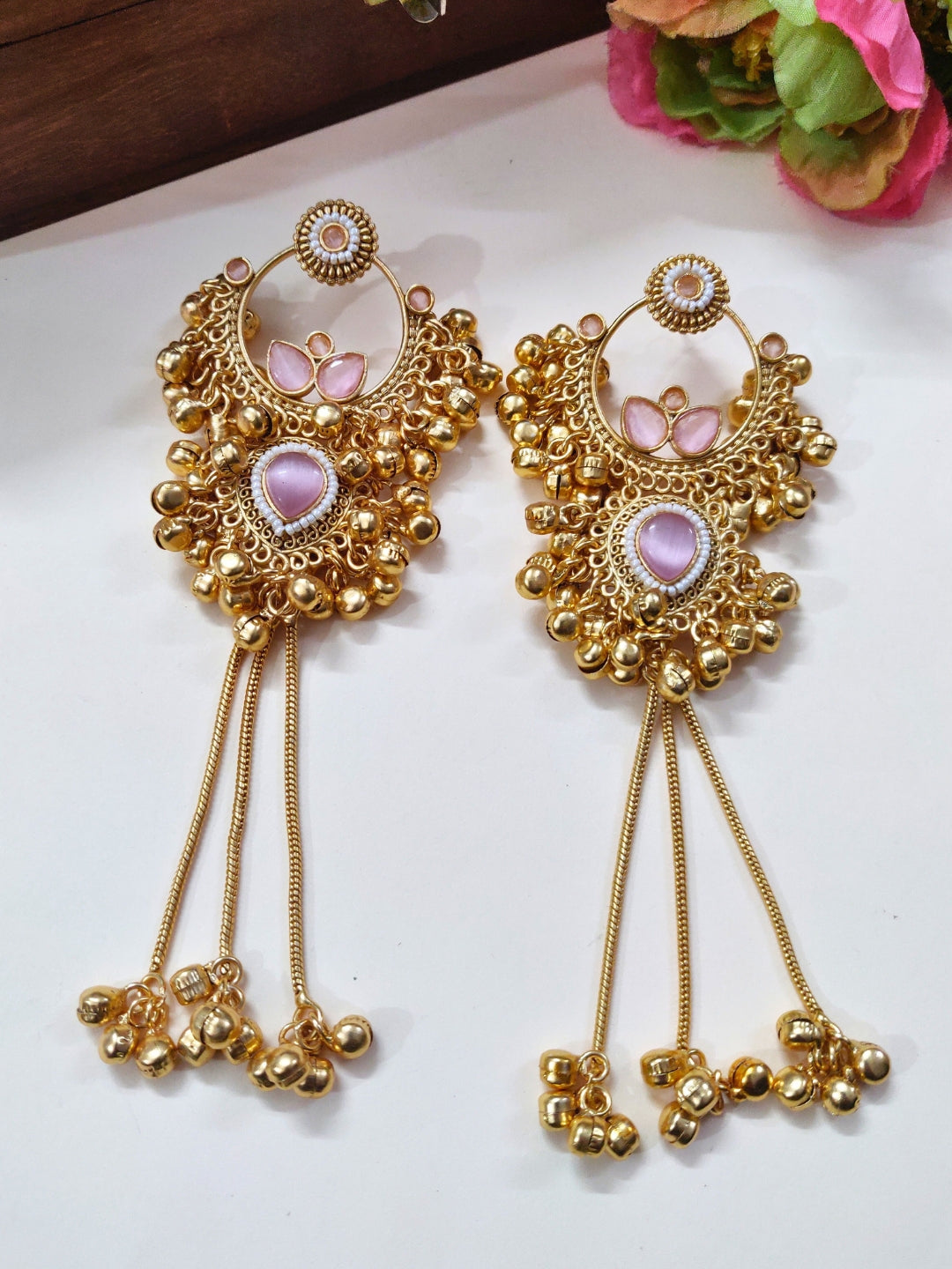 Gold-Plated Kundan & Ghungaroo Beaded Kashmiri Drop Earrings