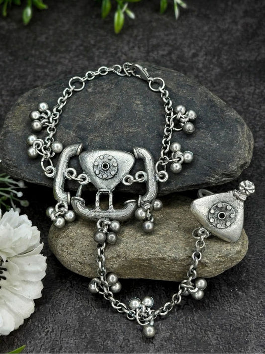 Oxidised Silver-Plated Antique Haath Phool Hand Harness Bracelet