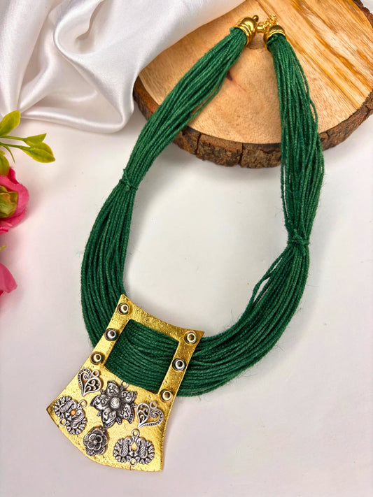 Gold-Plated Oxidised Statement Green Thread Jute Necklace