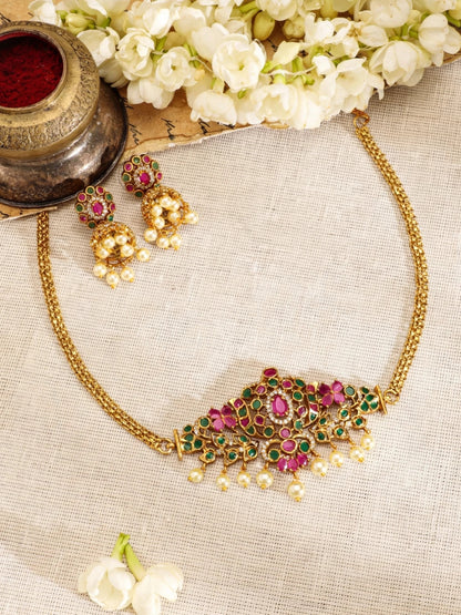Gold-Plated Ruby & Emerald CZ Studded Temple Jewellery Set