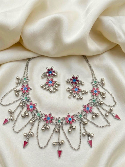 Women Oxidised Silver-Plated Red Floral Statement Necklace & Earrings Set