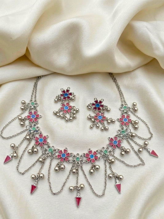 Women Oxidised Silver-Plated Red Floral Statement Necklace & Earrings Set