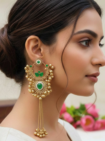 Gold-Plated Kundan & Ghungaroo Beaded Kashmiri Drop Earrings