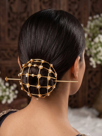 Gold-Plated Pearl Floral Hair Bun Accessory