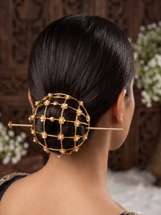 Gold-Plated Pearl Floral Hair Bun Accessory