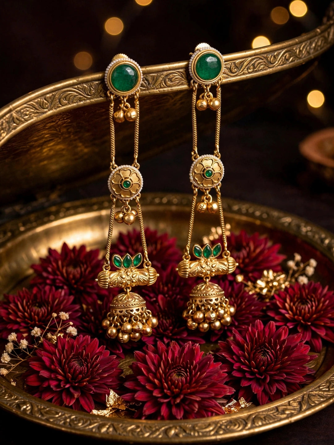 Gold-Plated Green Kundan Stone Studded Long Chain Kashmiri Jhumka Earrings