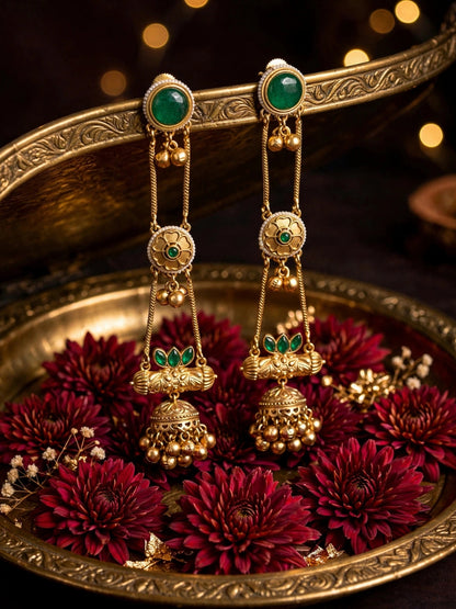 Gold-Plated Green Kundan Stone Studded Long Chain Kashmiri Jhumka Earrings