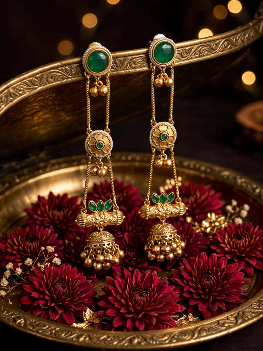 Gold-Plated Green Kundan Stone Studded Long Chain Kashmiri Jhumka Earrings
