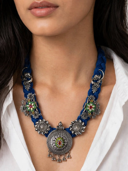 German Silver Floral Charm Statement Bohemian Meenakari Blue Jute Necklace