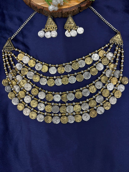 Oxidised Dual-Toned Antique Coin Layered Statement Necklace Jewellery Set