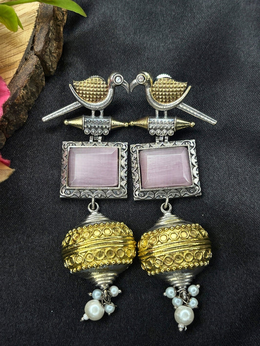 Silver & Gold Dual-Plated Oxidised Long Pink Stone Contemporary Bird Jhumkas Earrings