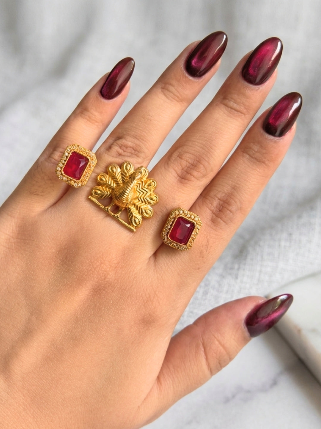 Gold-Plated Green AD stones Studded & Peacock shaped Adjustable Statement Finger Ring