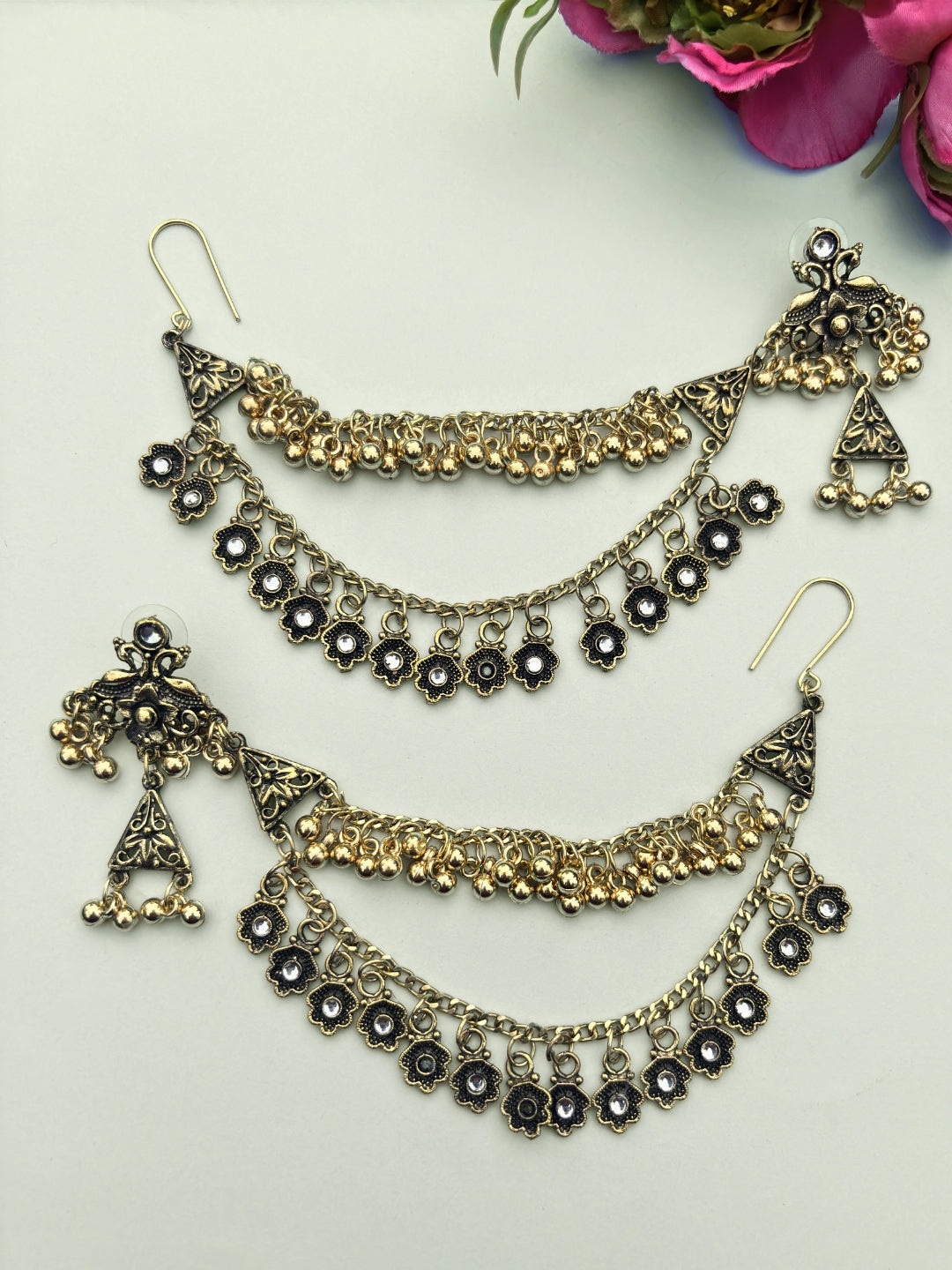 VIVAZS Oxidised Contemporary Kaanchain Earrings