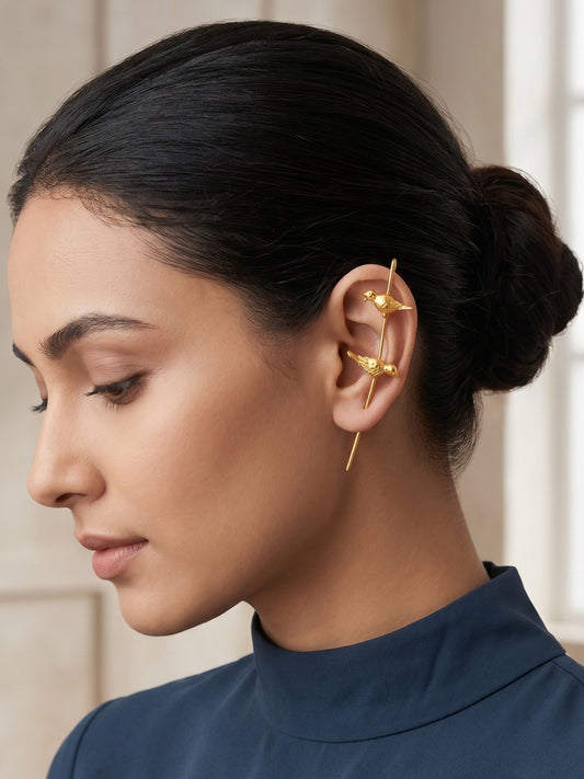 Gold-Plated Bird Motif Statement Earcuff Earrings