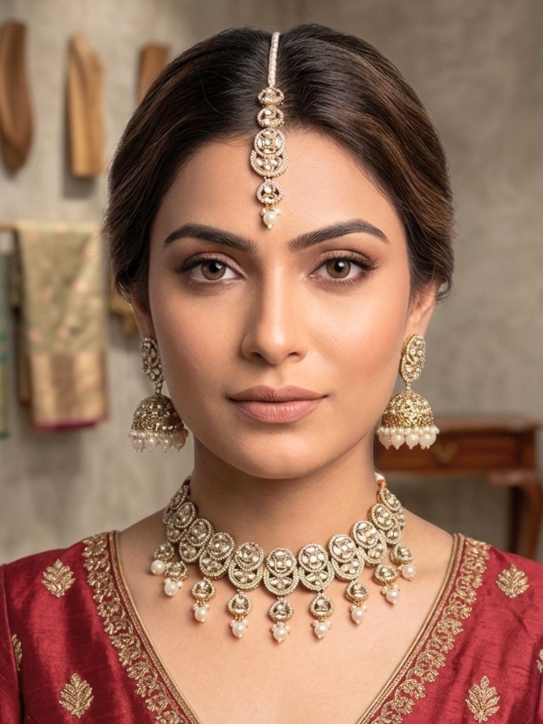 Gold-Plated Kundan -Studded & Beaded Studded Bridal Jewellery Set