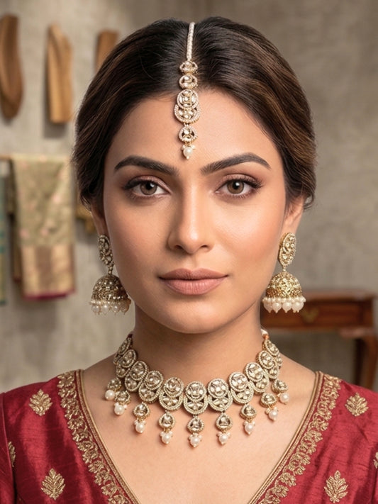 Gold-Plated Kundan -Studded & Beaded Studded Bridal Jewellery Set