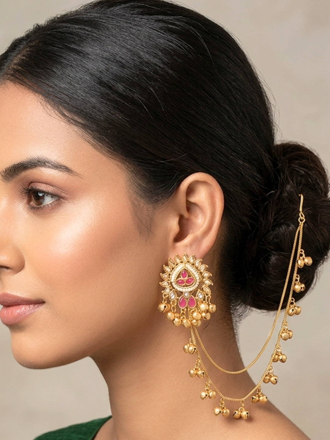 Women Gold-Plated Kundan Studded Earrings with Hair Chain