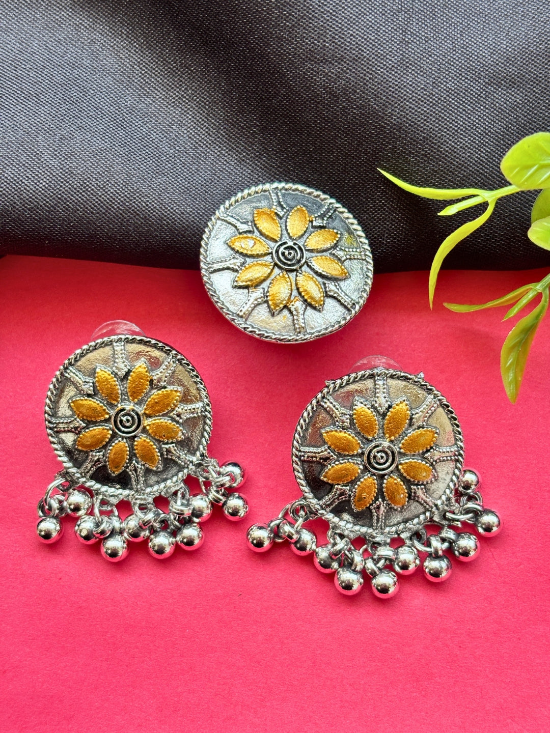 Women Oxidised Silver-Plated Mustard Yellow Floral Earrings & Statement Ring Set
