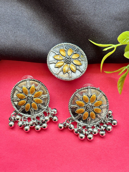 Women Oxidised Silver-Plated Mustard Yellow Floral Earrings & Statement Ring Set