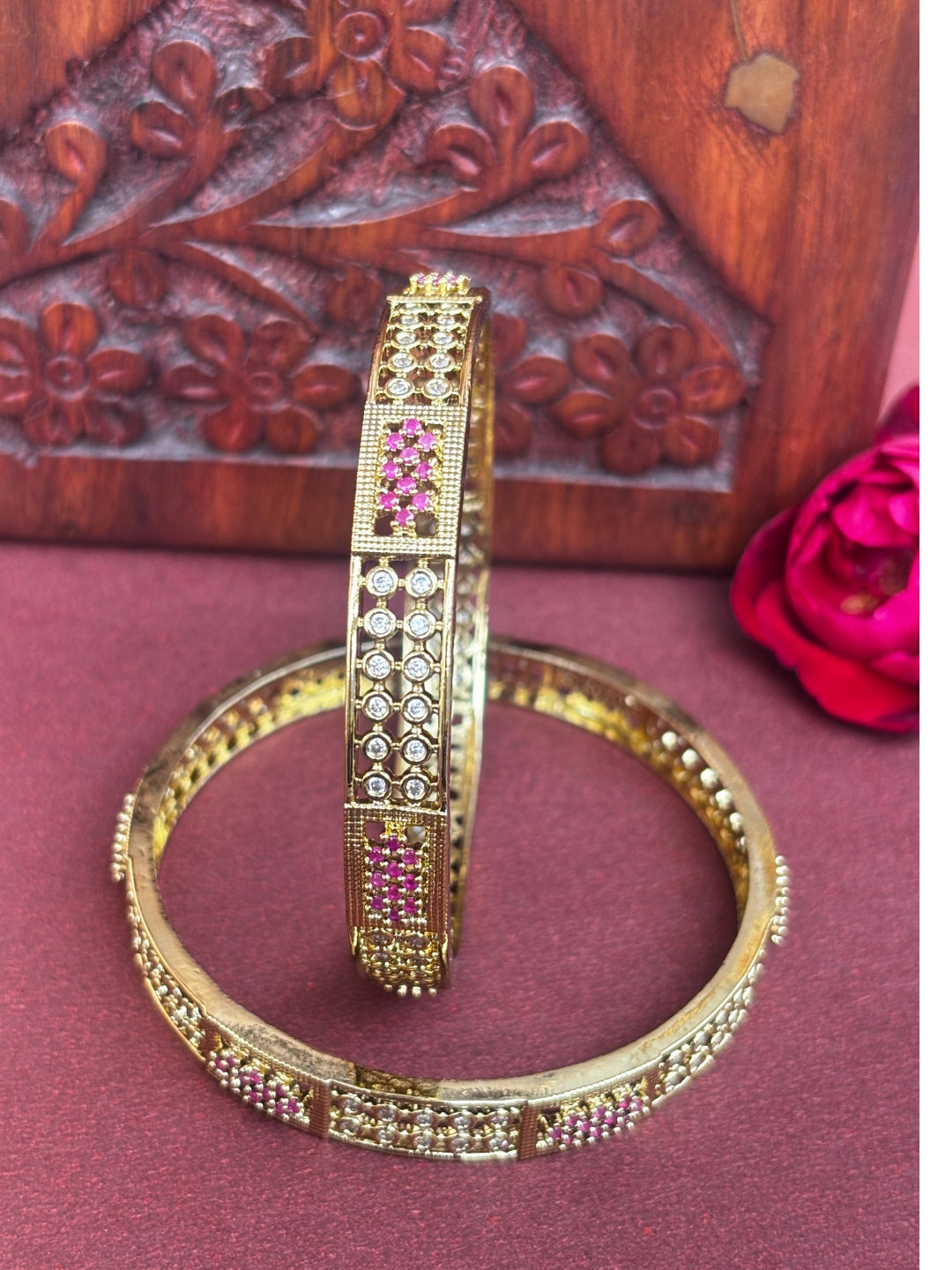 Set of 2, Pink & White 22K Gold-Plated AD Stones Handcrafted Bangles