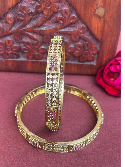 Set of 2, Pink & White 22K Gold-Plated AD Stones Handcrafted Bangles