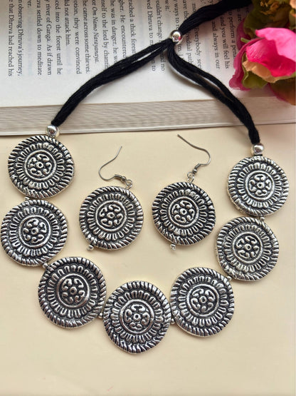 VIVAZS Oxidised Statement Coin Jewellery Set