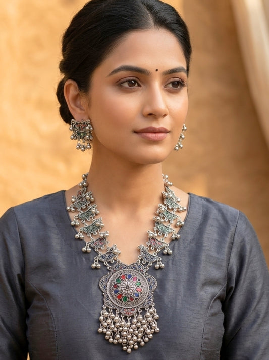 Silver-Plated Oxidized Meenakari Floral Long Necklace Set