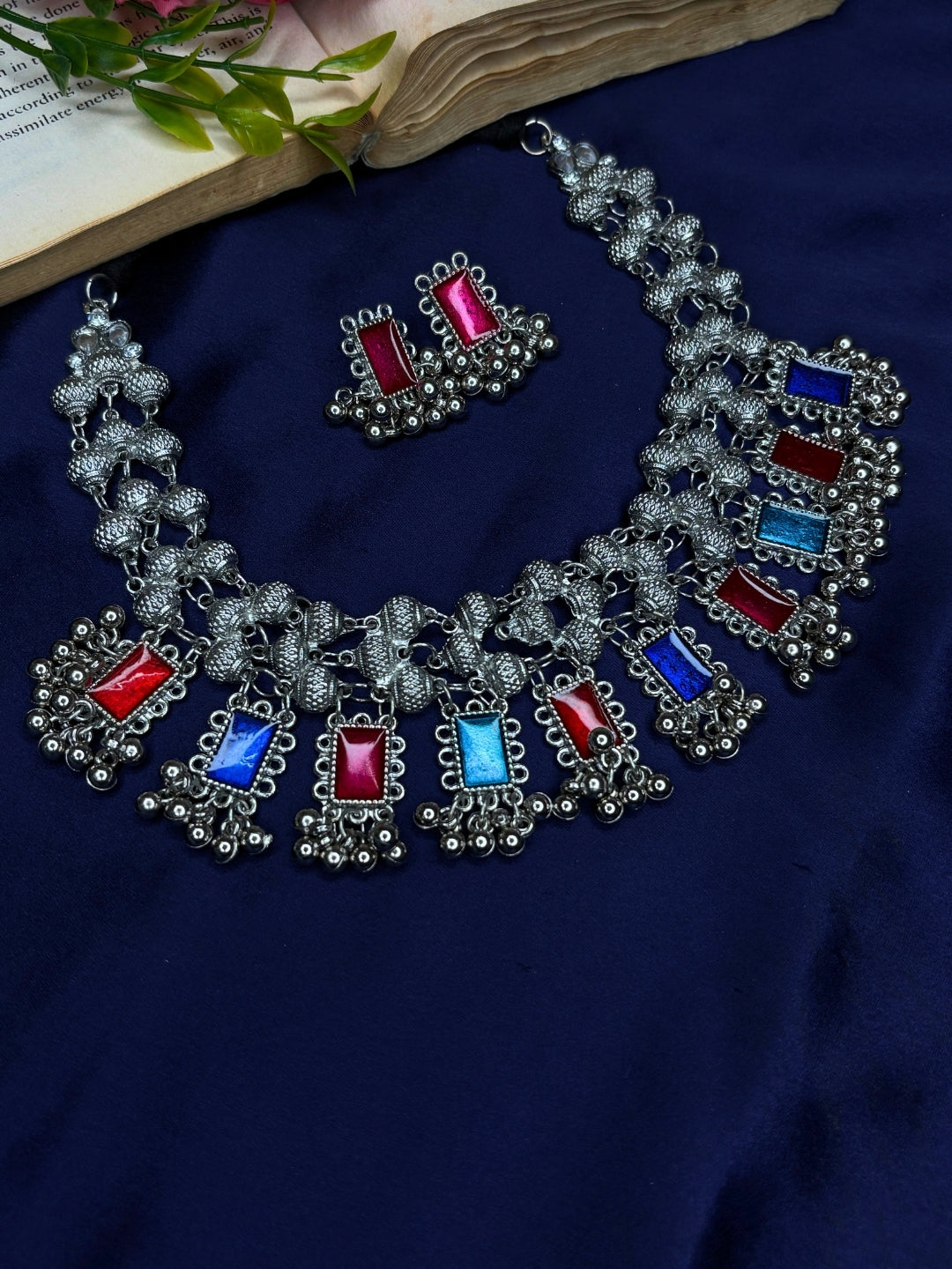 Oxidised Silver-Plated Multicolour Stone Embellished Statement Choker Necklace Jewellery Set