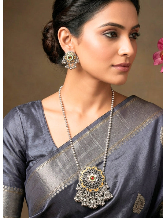 Women Oxidised Silver-Plated Circular Filigree Pendant Necklace Set