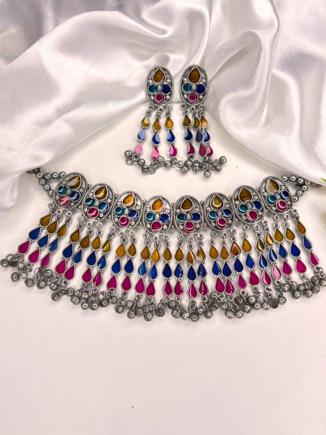 Silver-Plated Oxidised Stone-Studded Statement Necklace Set