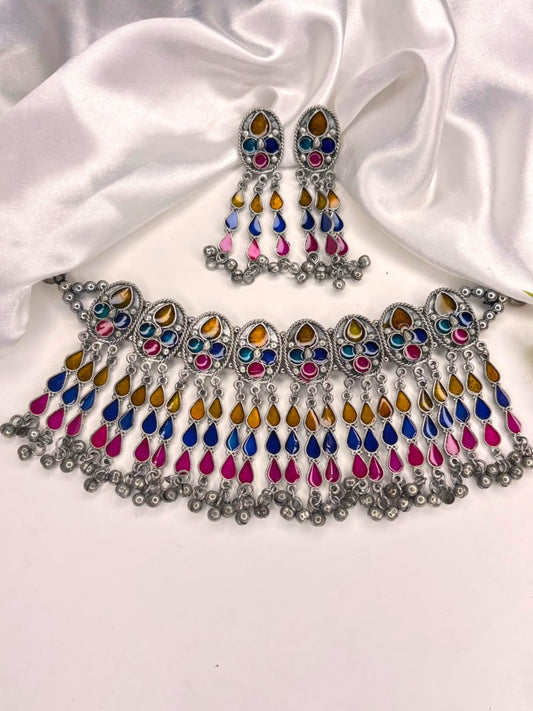 Silver-Plated Oxidised Stone-Studded Statement Necklace Set
