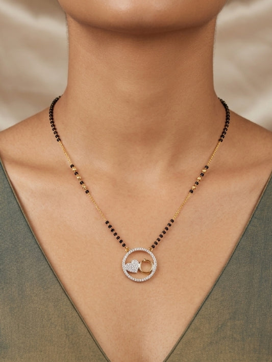 Gold-Plated American Diamond Heart & Ring Pendant Mangalsutra Necklace
