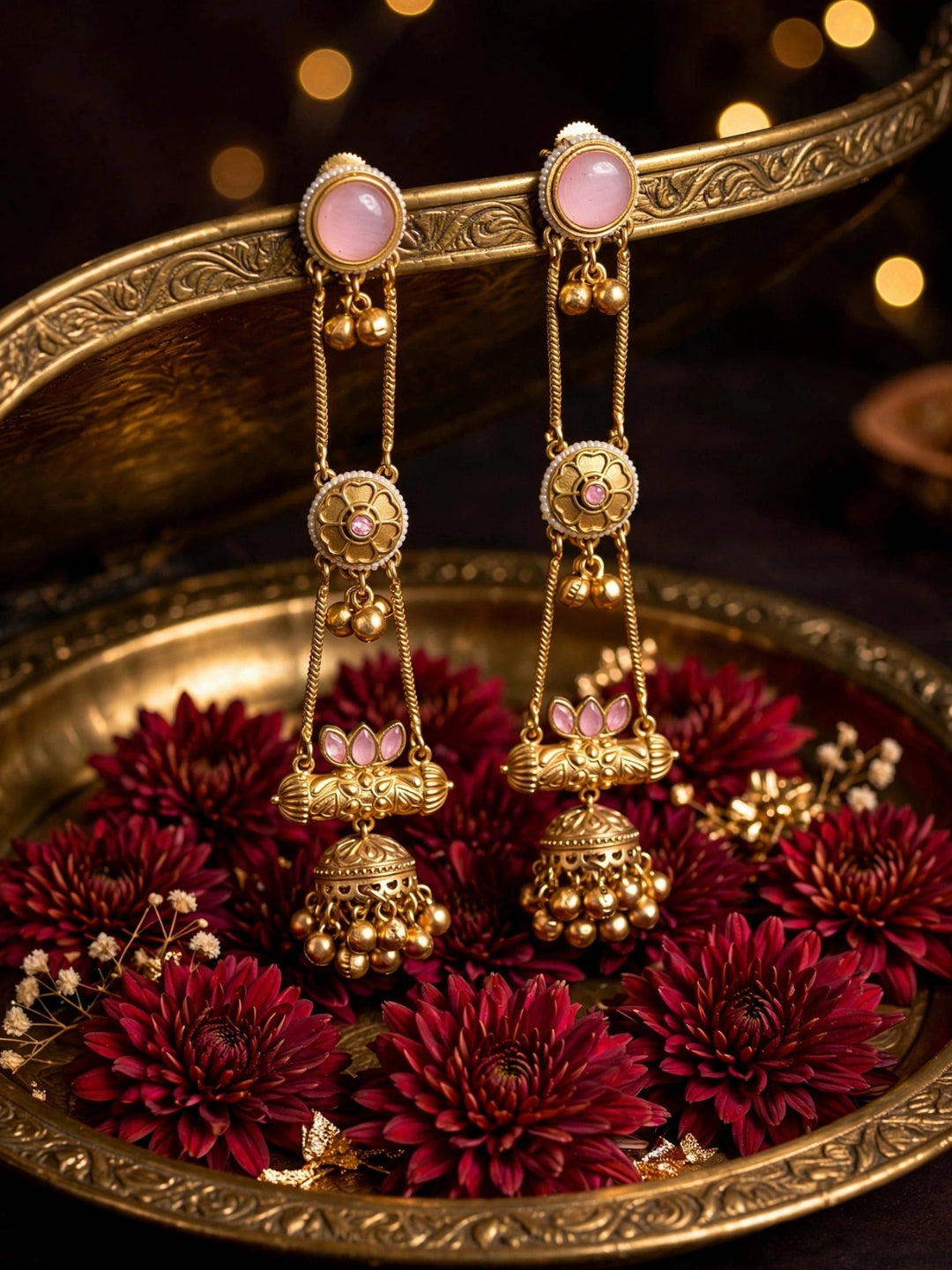Gold-Plated Pink Kundan Stone Studded Long Chain Kashmiri Jhumka Earrings