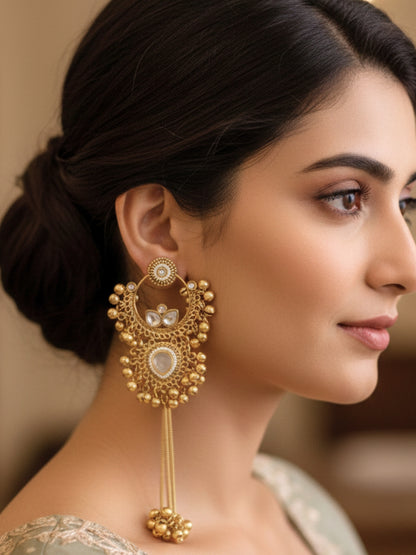 Gold-Plated Kundan & Ghungaroo Beaded Kashmiri Drop Earrings