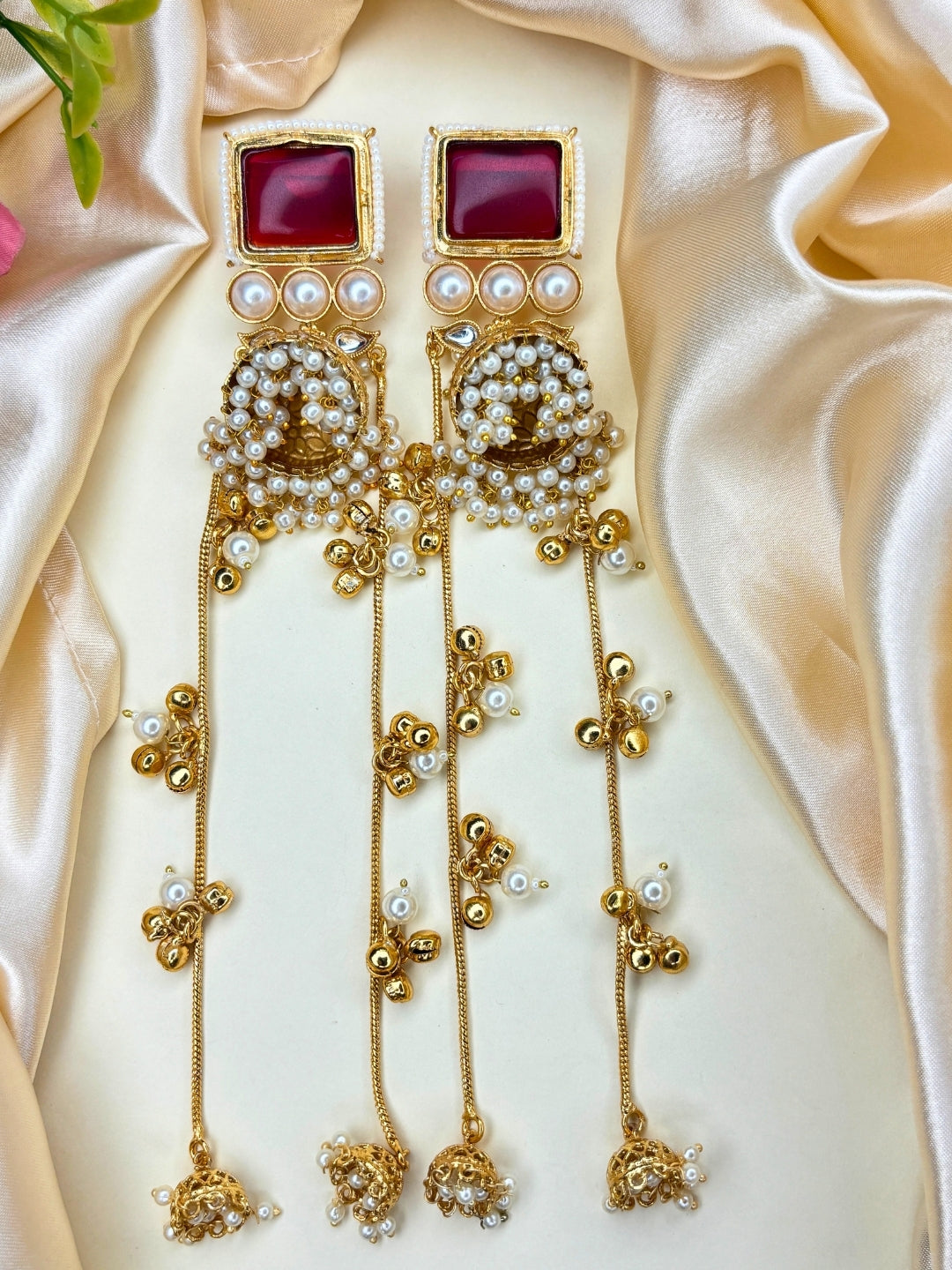 Gold-Plated Red Kundan Stone Long  Kashmiri Drop Earrings