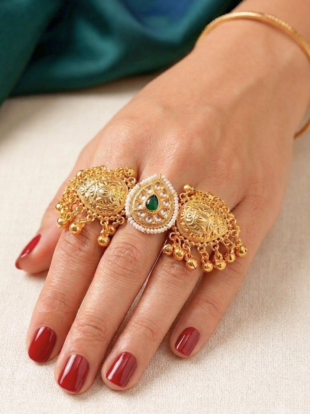 Gold-Plated Green Kundan Stone Ghungroo Statement Adjustable Finger Ring