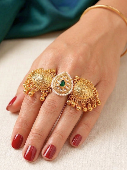 Gold-Plated Green Kundan Stone Ghungroo Statement Adjustable Finger Ring
