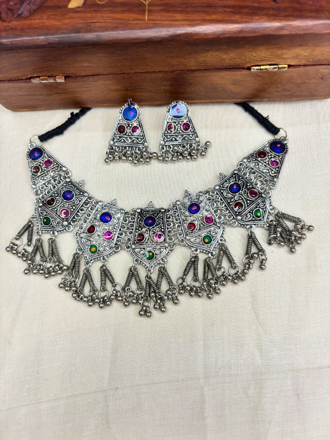 Oxidised Silver-Plated Multicolour Embellished Tribal Statement Choker Necklace Jewellery Set