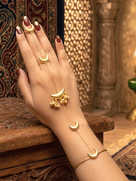 Gold Plated Chand Ghungroo Hathphool Kashmiri Bangle Bracelet Set