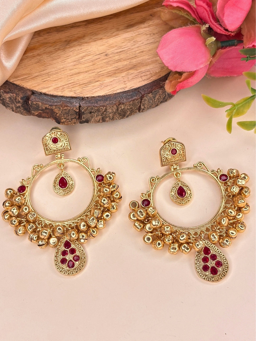 Gold-Plated Red Kundan Ghungroo Statement Earrings
