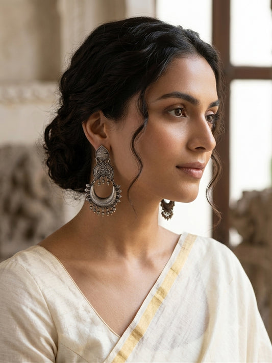Women Silver-Plated Oxidized Crescent-Shaped Chandbali Drop Earrings