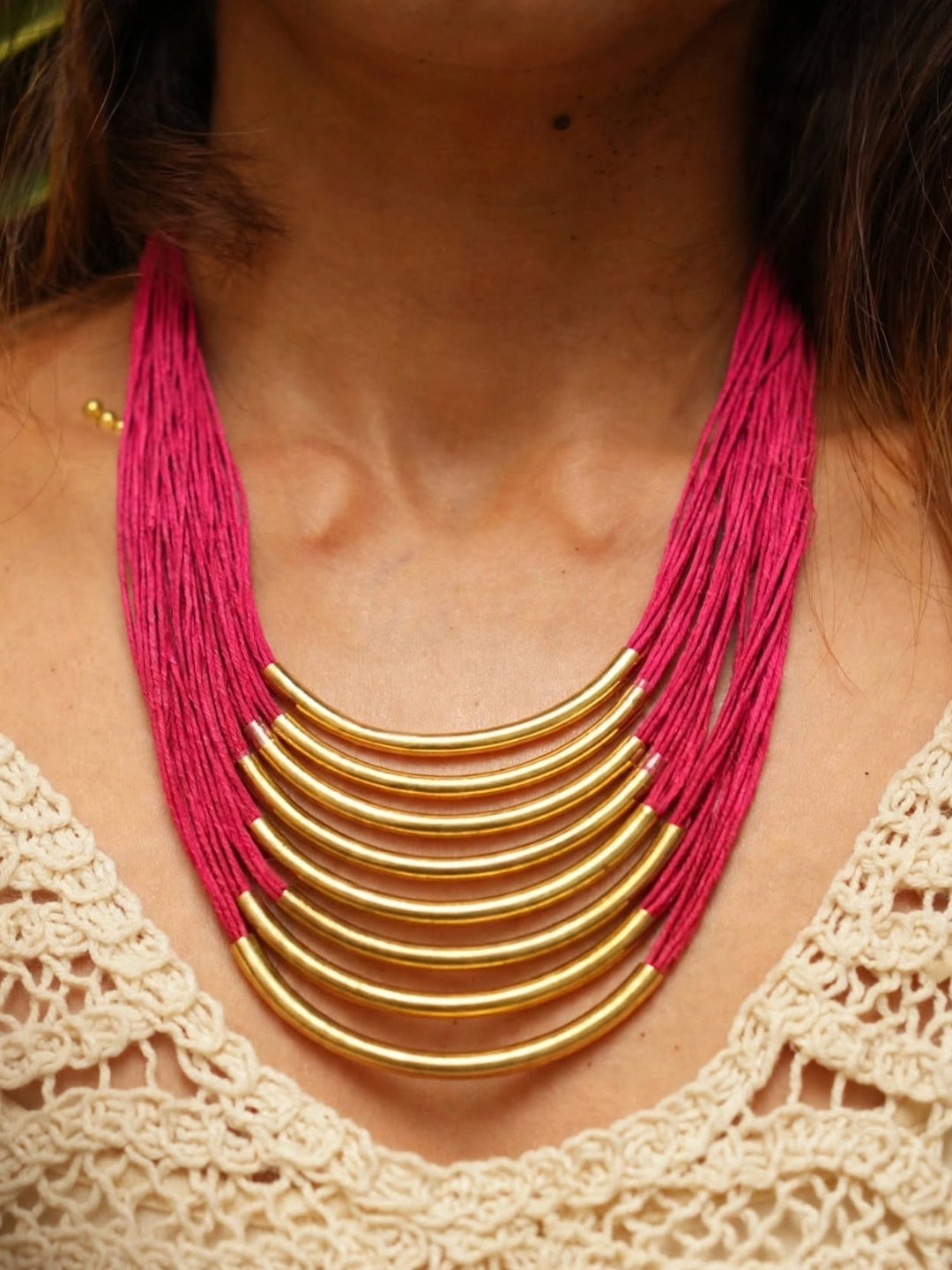 Gold-Plated Oxidised Statement Magenta Thread Layered Jute Necklace
