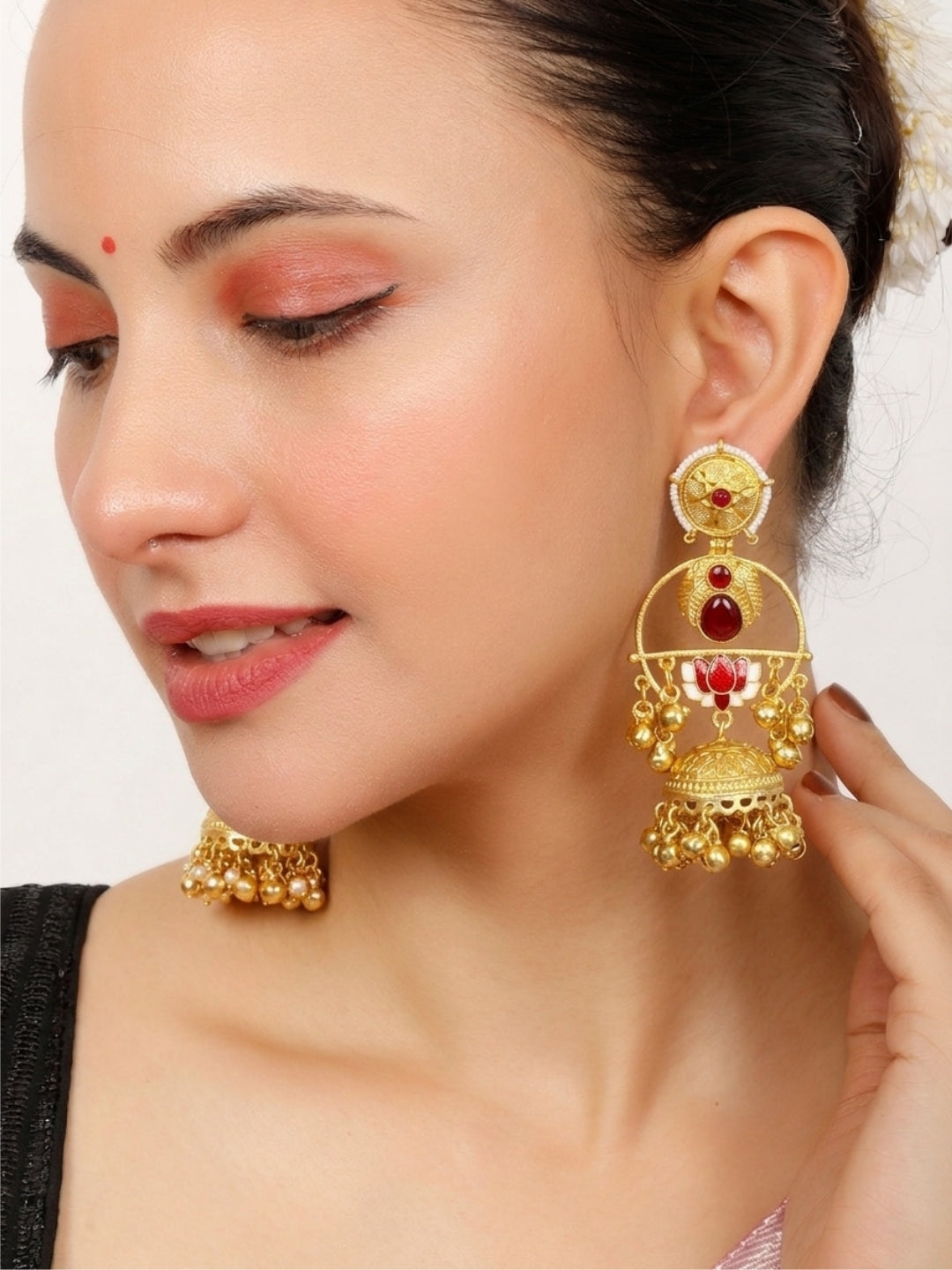 Gold-Plated Artificial red Stones Studded And Beaded Dome Shaped Jhumkas